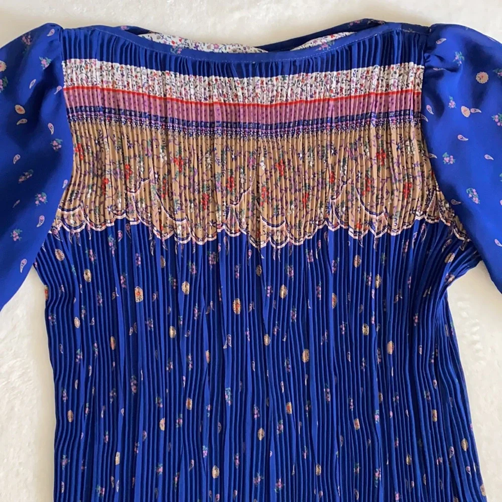 Vintage | Puff Sleeve Accordion Pleat Drop Waist Midi Dress Blue Floral Boho - Picture 6 of 16